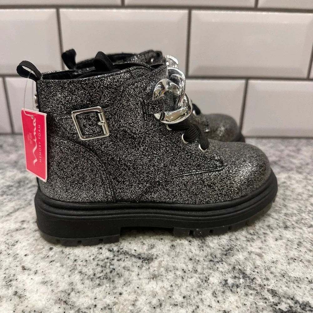Nina Kids Size 10 Combat Boots Silver Black Glitter Chain Detail Glam Sparkle